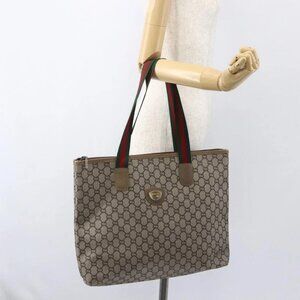 GUCCI GG Plus Supreme Web Sherry Line Tote Bag PVC Beige Gold